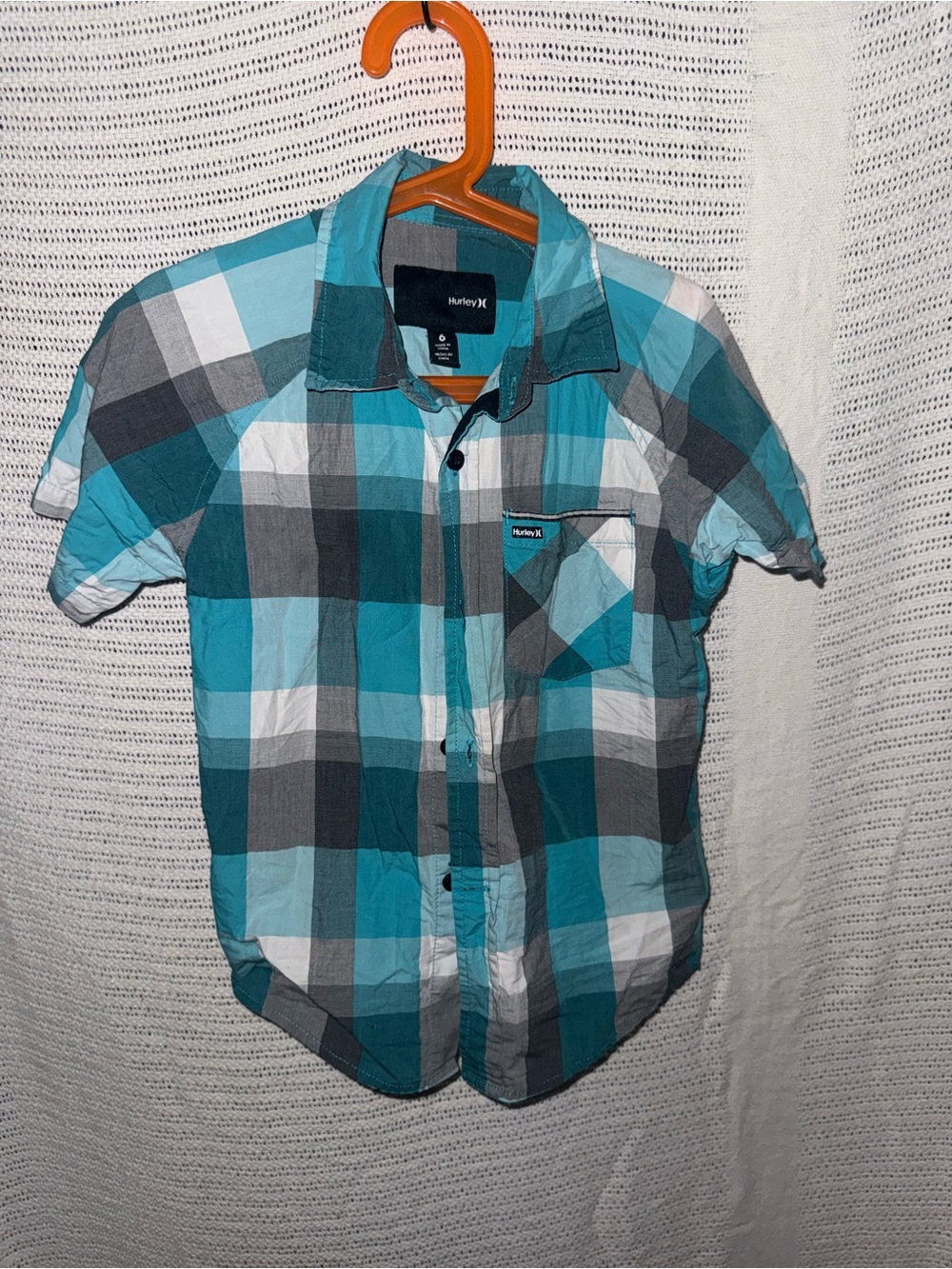 Hurley Teal and Gray Plaid Short-Sleeve Button-Up Shirt